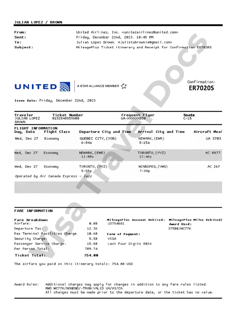 Sample flight itinerary document formatted for visa application purposes