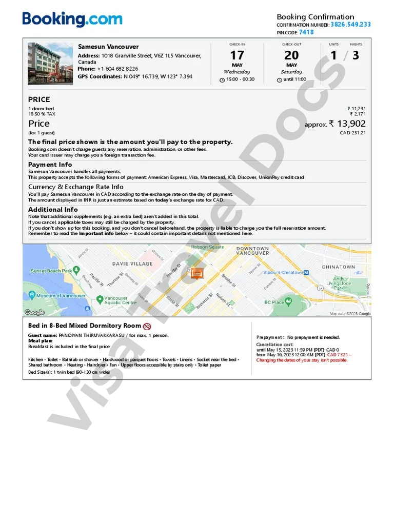 Sample hotel booking itinerary formatted for embassy and visa application use