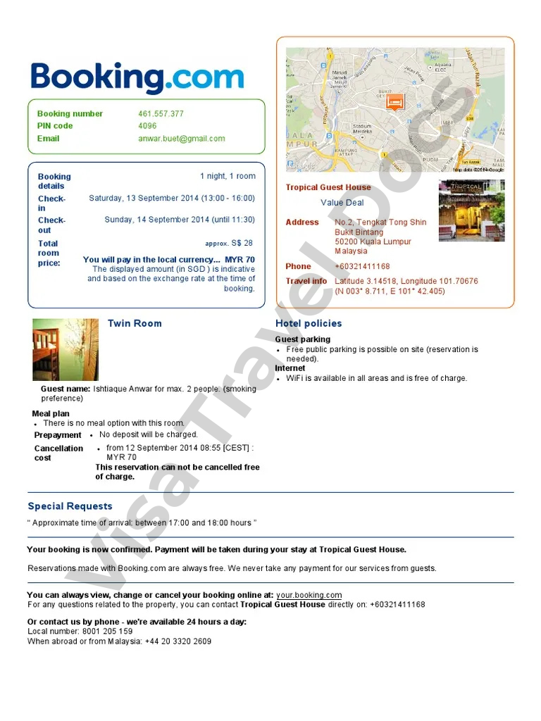 Hotel accommodation itinerary showing stay dates for visa documentation