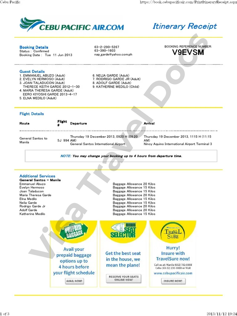 Example flight travel itinerary showing route and travel dates for visa submission